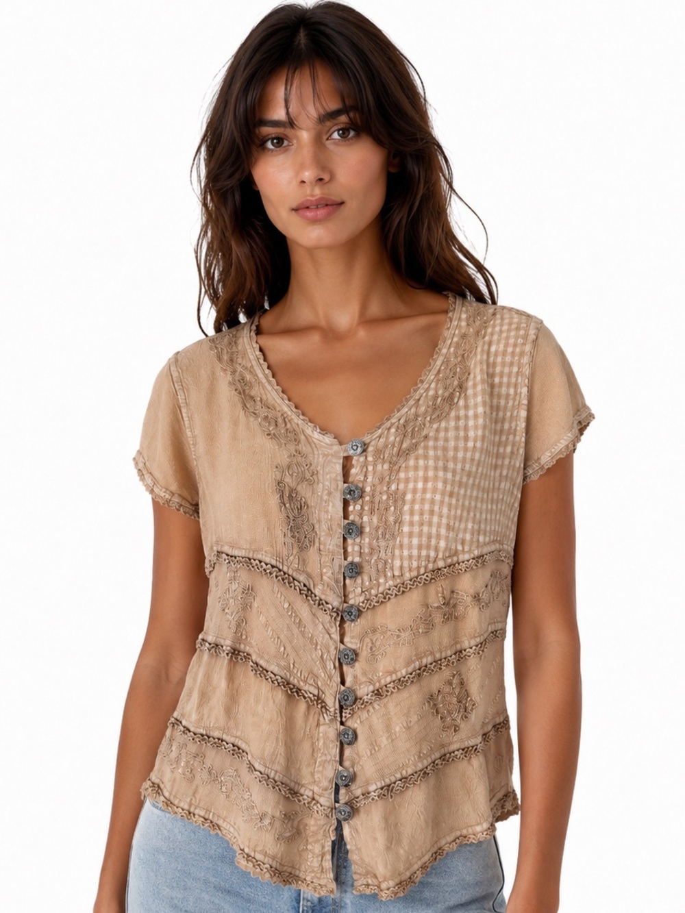 Sacred Threads Boho Button Front Blouse Beige neutral Patchwork Waist Tie Small